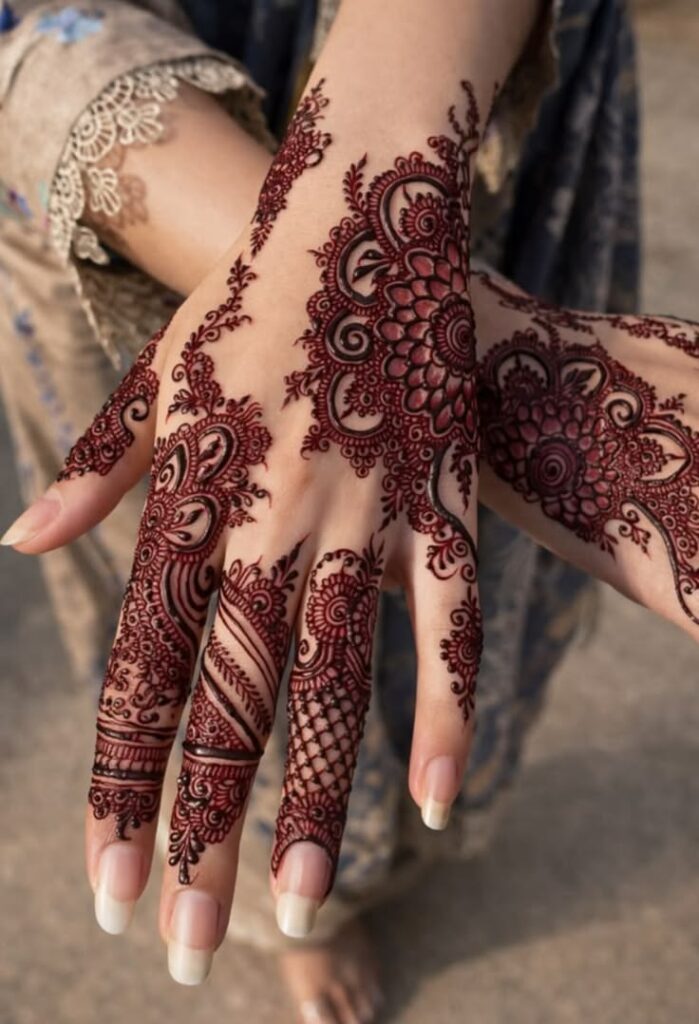 an intricate back‑hand mehndi pattern featuring…